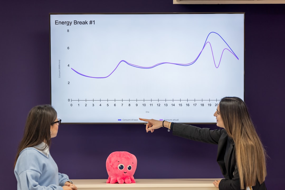 Two women analyze a line graph on a screen.